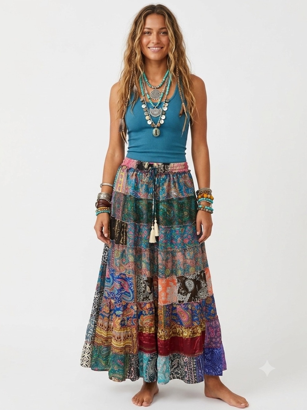 43. Boho Patchwork Sari Silk Maxi Skirt Festival Hippie Gypsy One Size India